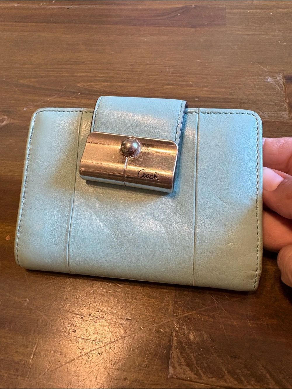 Coach Vintage Kristin Smooth Leather Compact Wallet Bifold Coin Light Blue Y2K